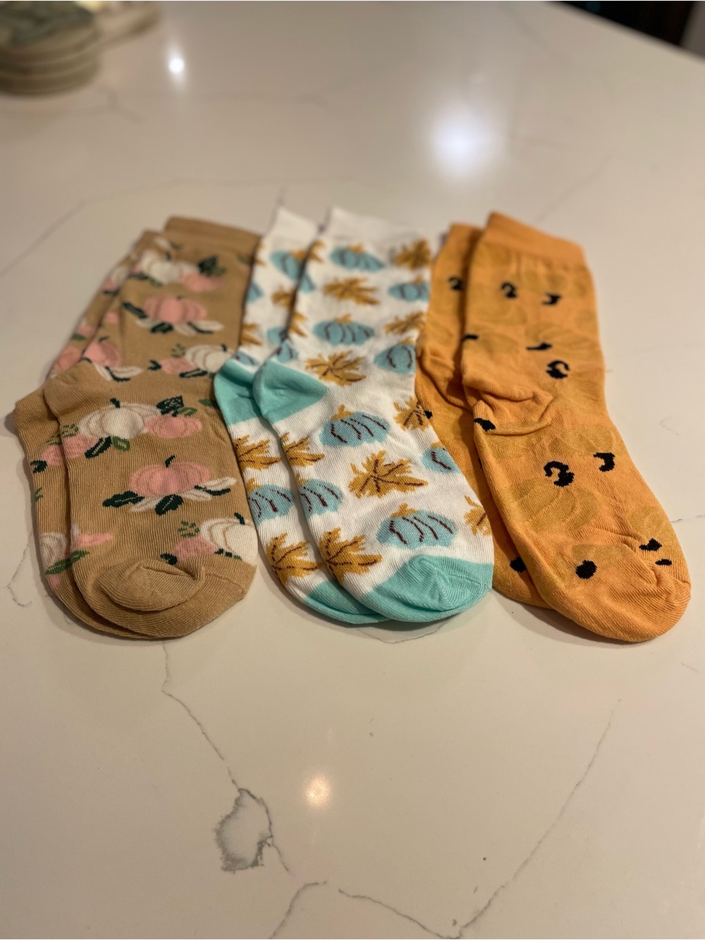 3 pack Floral & Pumpkin Pattern Crew Socks - Pack of 3, Yellow/Beige/White